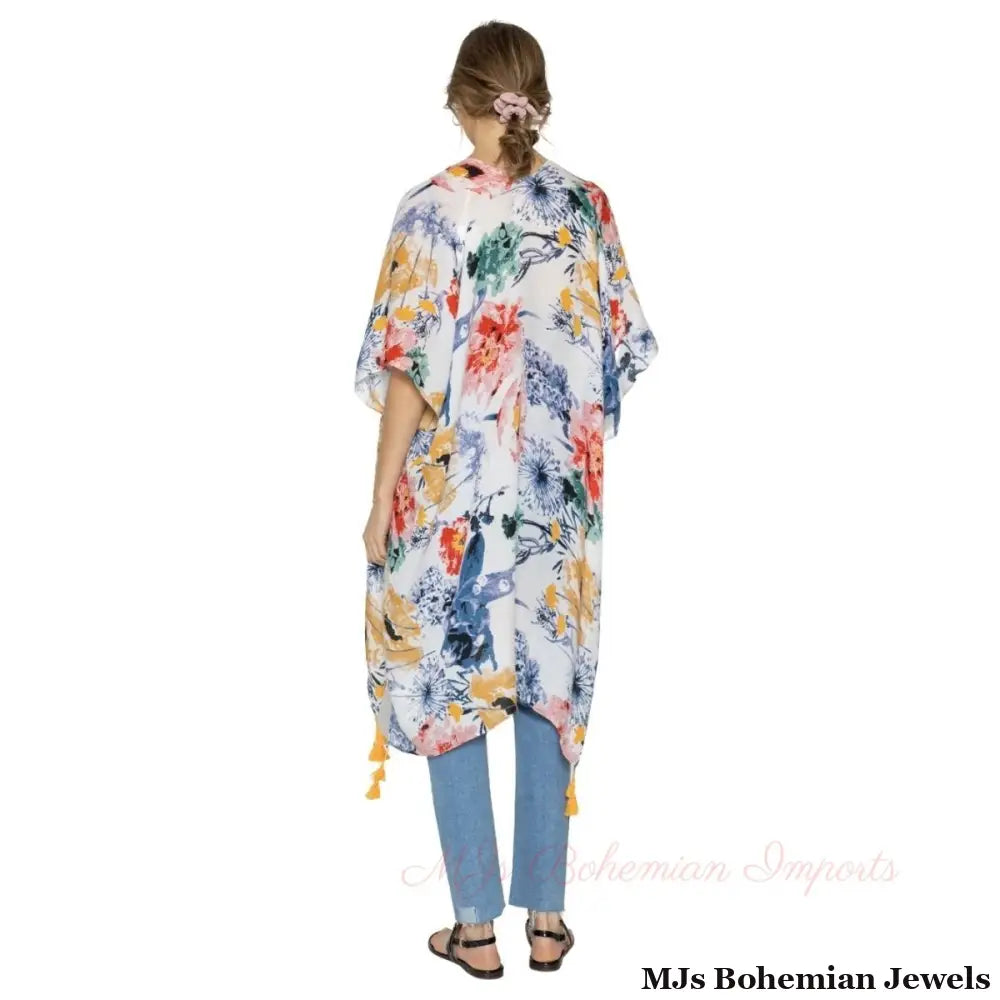 Multi Color Floral Print Tassel Kimono