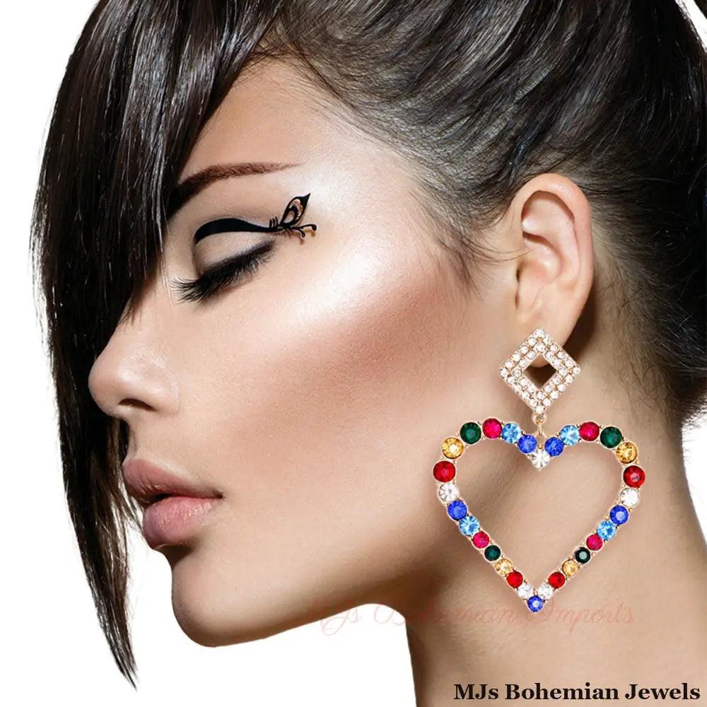 Multi Crystal Heart Drop Earrings