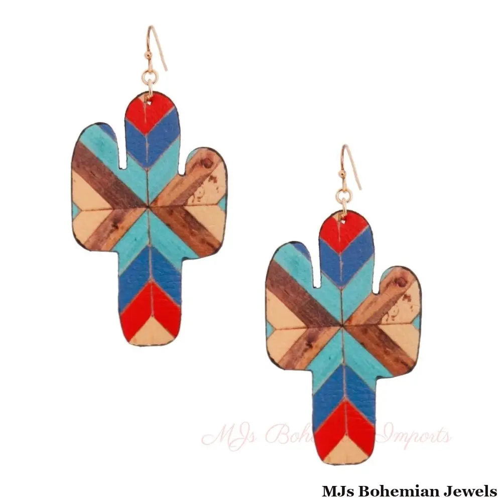 Multi Mosaic Leather Cactus Earrings