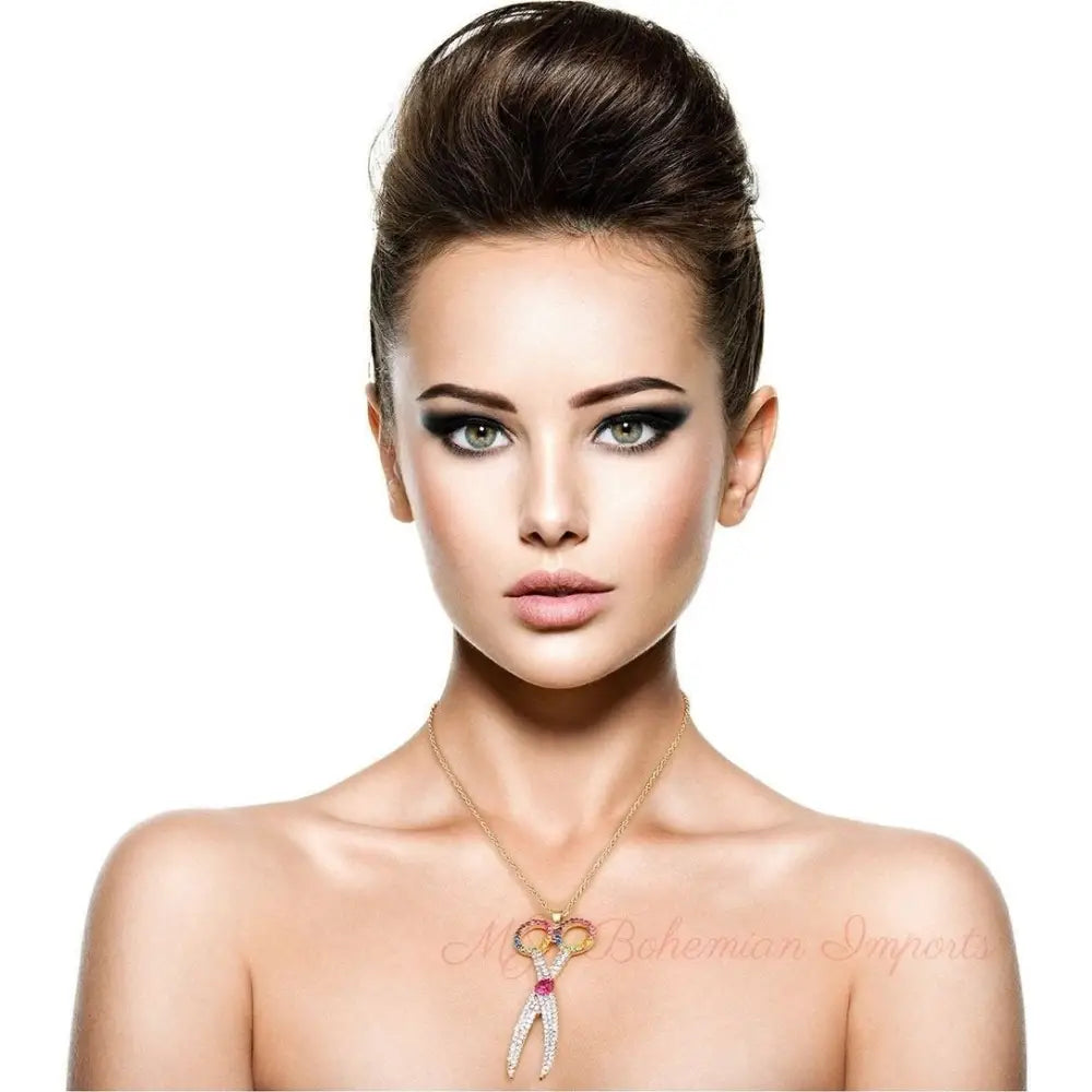 Multicolored Rhinestone Scissors Pendant Necklace