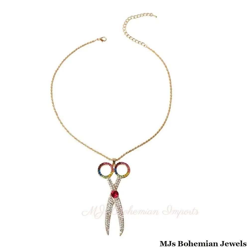 Multicolored Rhinestone Scissors Pendant Necklace