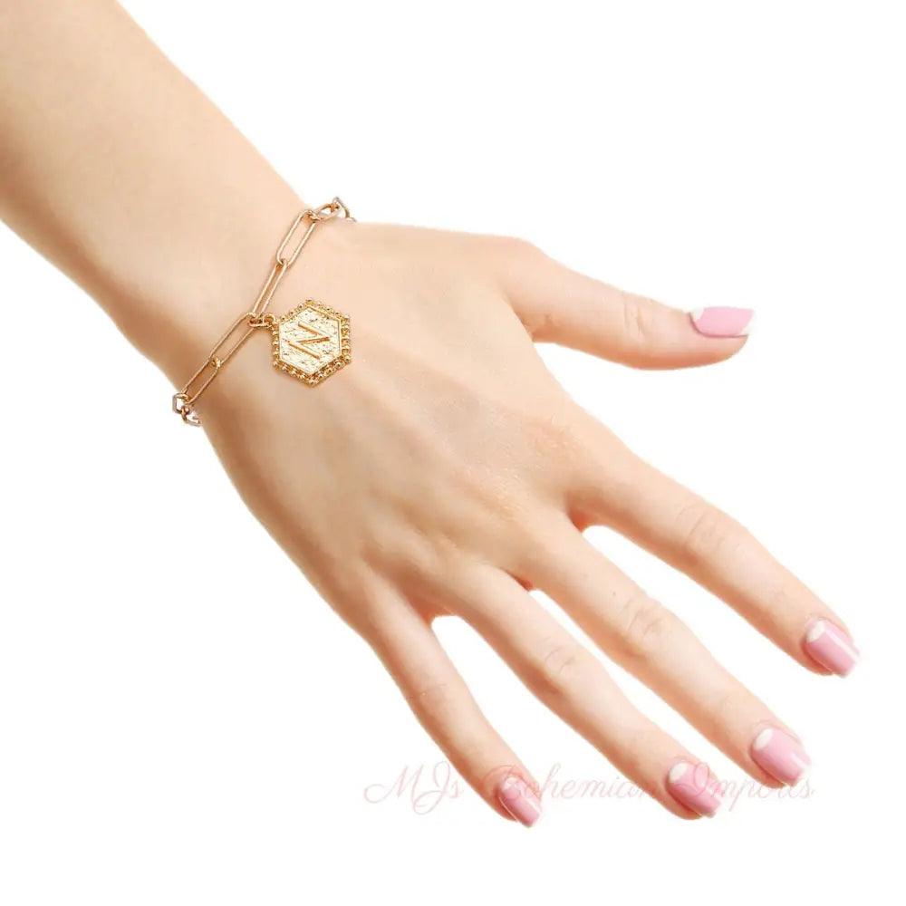 N Hexagon Initial Charm Bracelet