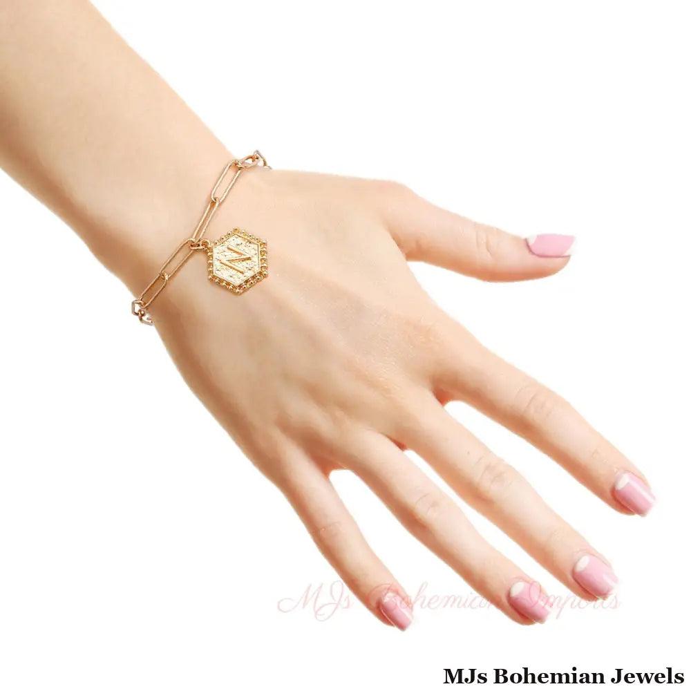 N Hexagon Initial Charm Bracelet