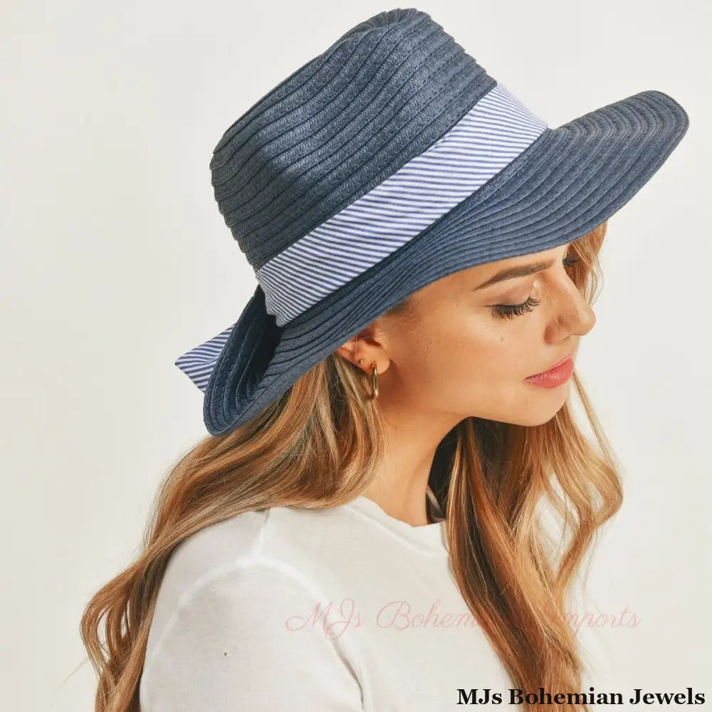 Navy Striped Bow Fedora Hat