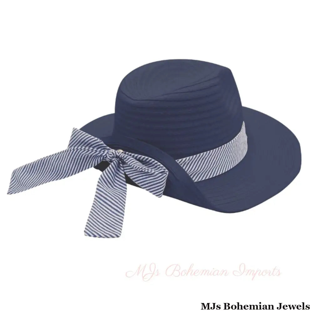 Navy Striped Bow Fedora Hat
