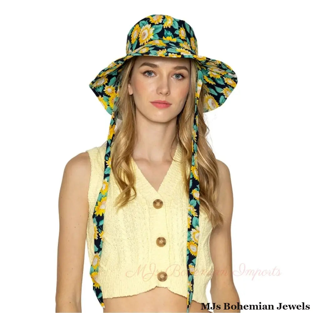 Navy Sunflower Chin Tie Bucket Hat