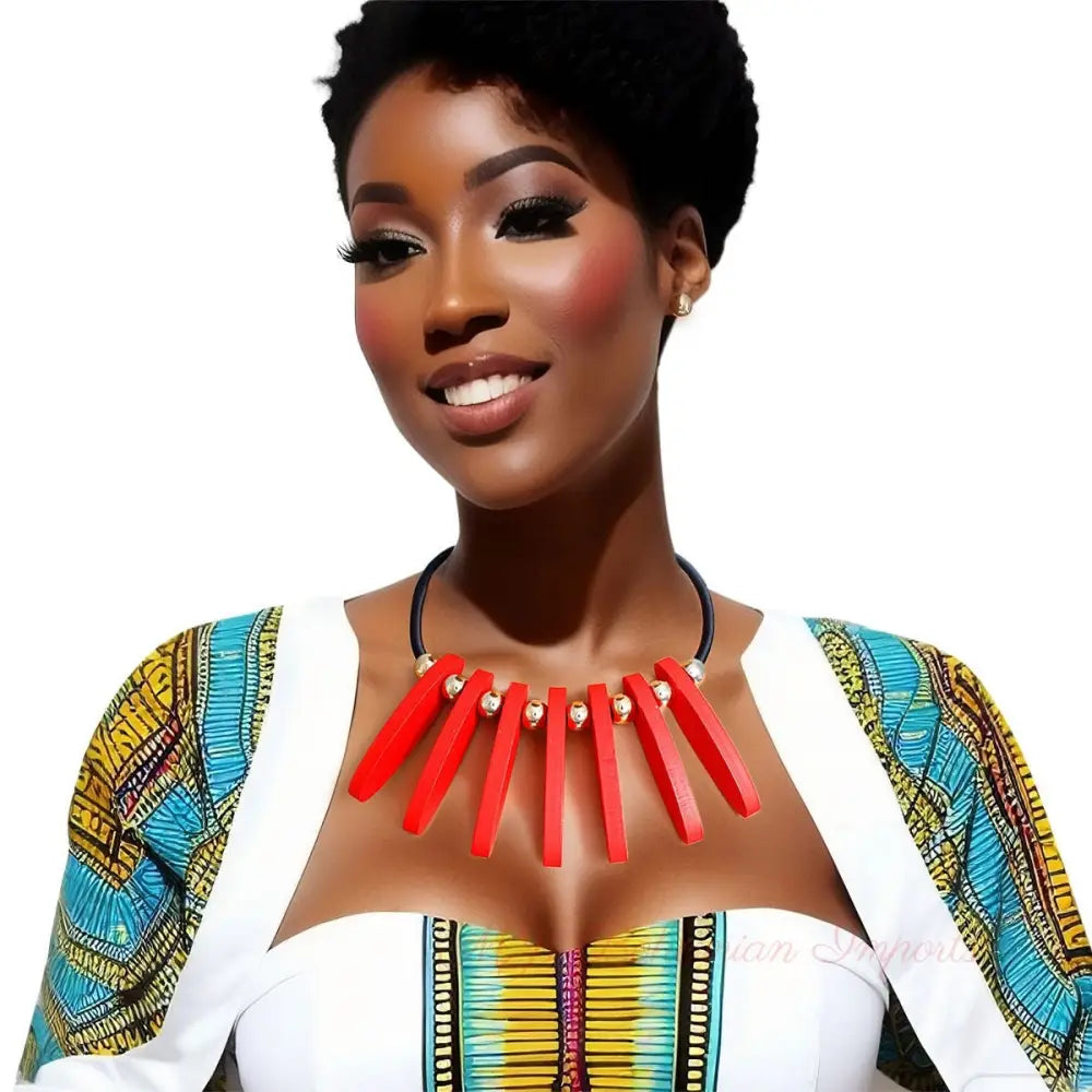 Necklace Red Long Wood Bead Bib for Women