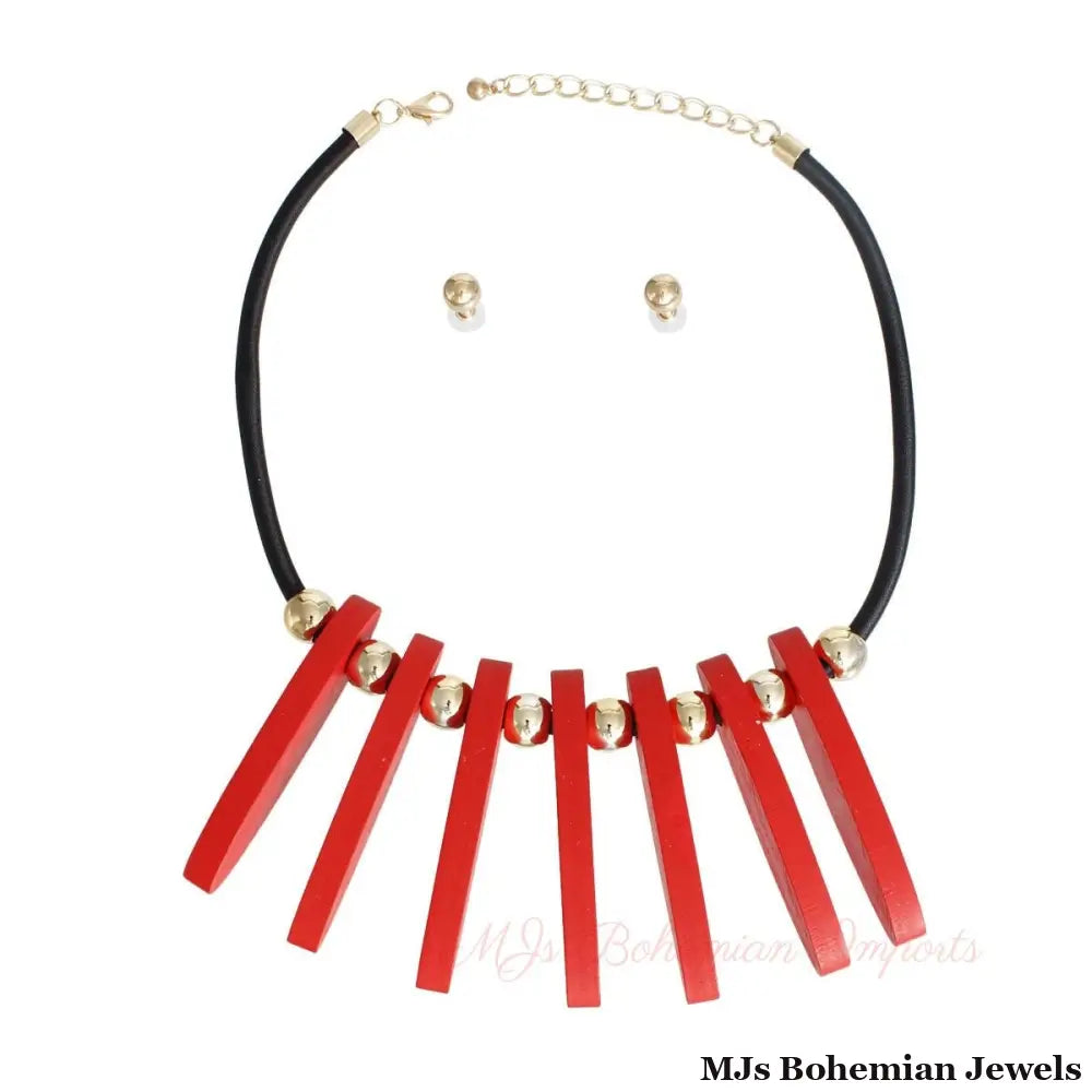 Necklace Red Long Wood Bead Bib for Women