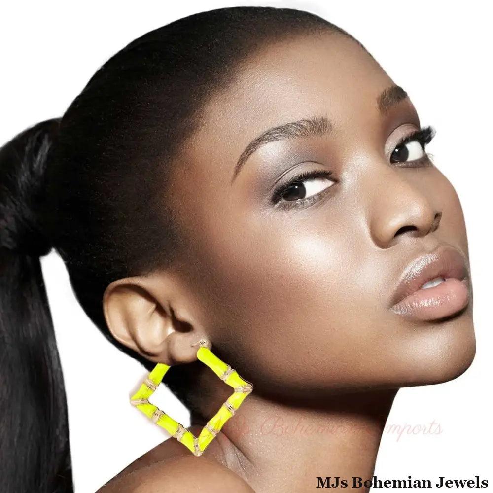 Neon Yellow Diamond Bamboo Hoops