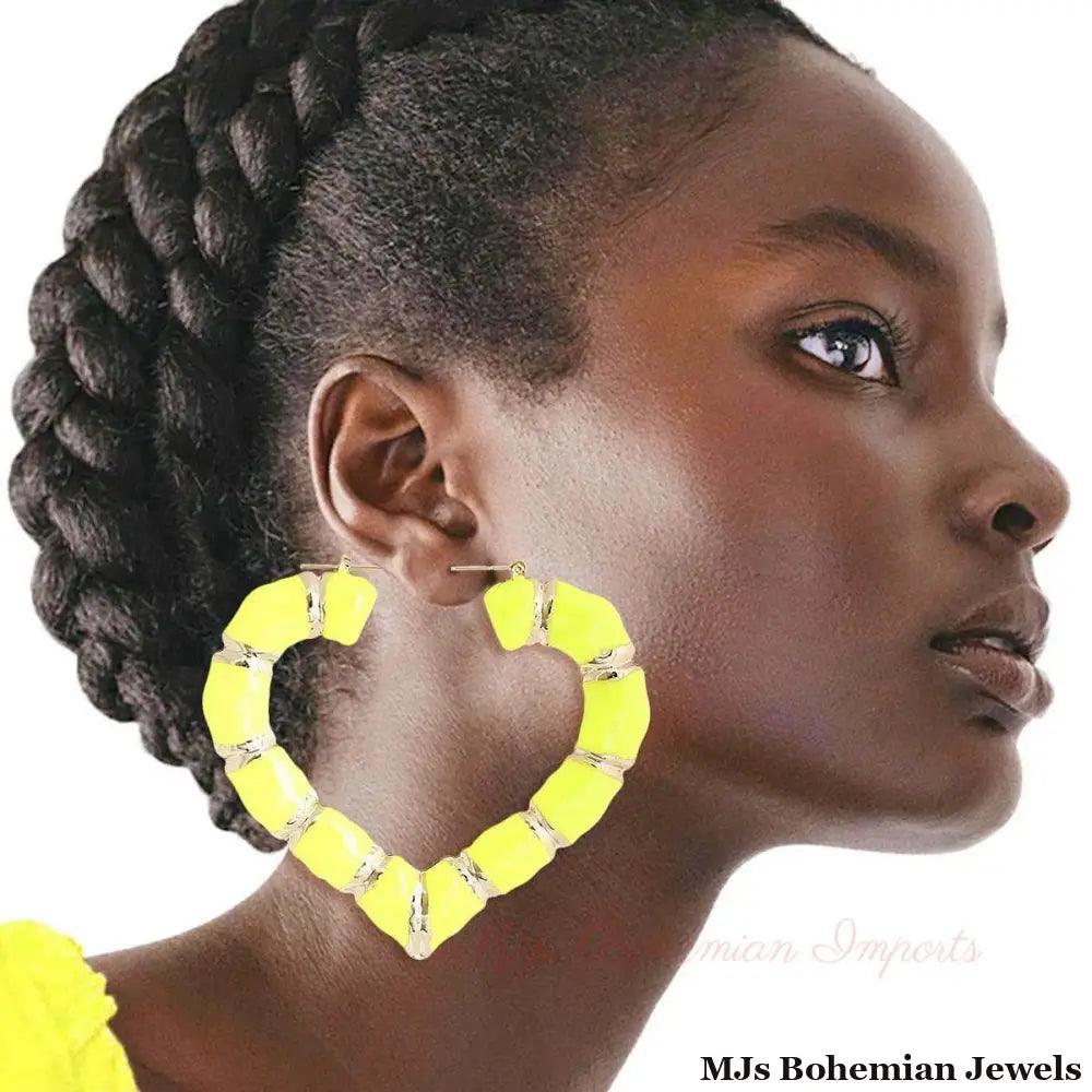 Neon Yellow Heart Bamboo Hoops