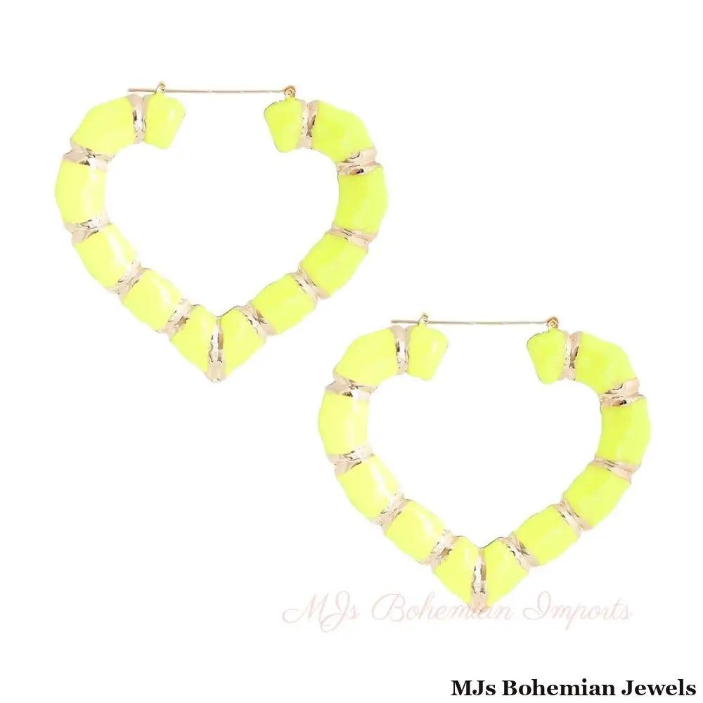 Neon Yellow Heart Bamboo Hoops
