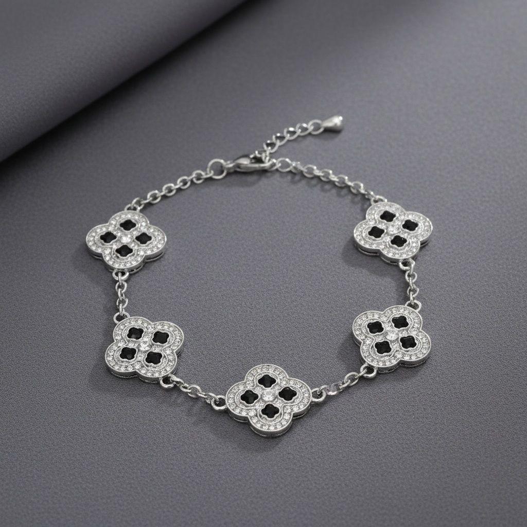 Black Encrusted Quatrefoil Motif Silver Bracelet