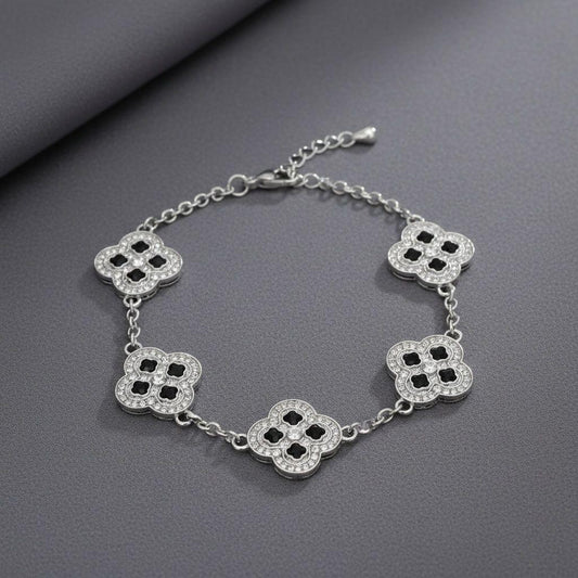 Black Encrusted Quatrefoil Motif Silver Bracelet