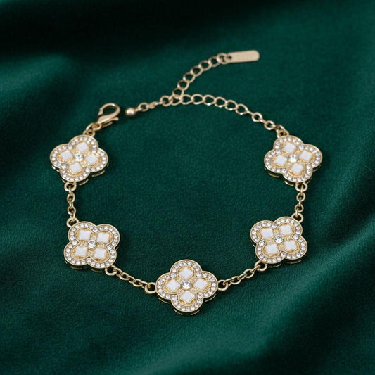 White Encrusted Quatrefoil 5 Motif Chain Bracelet