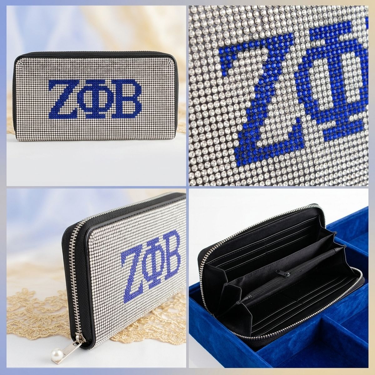 ZPB Greek Rhinestone Encrusted Zipper Wallet