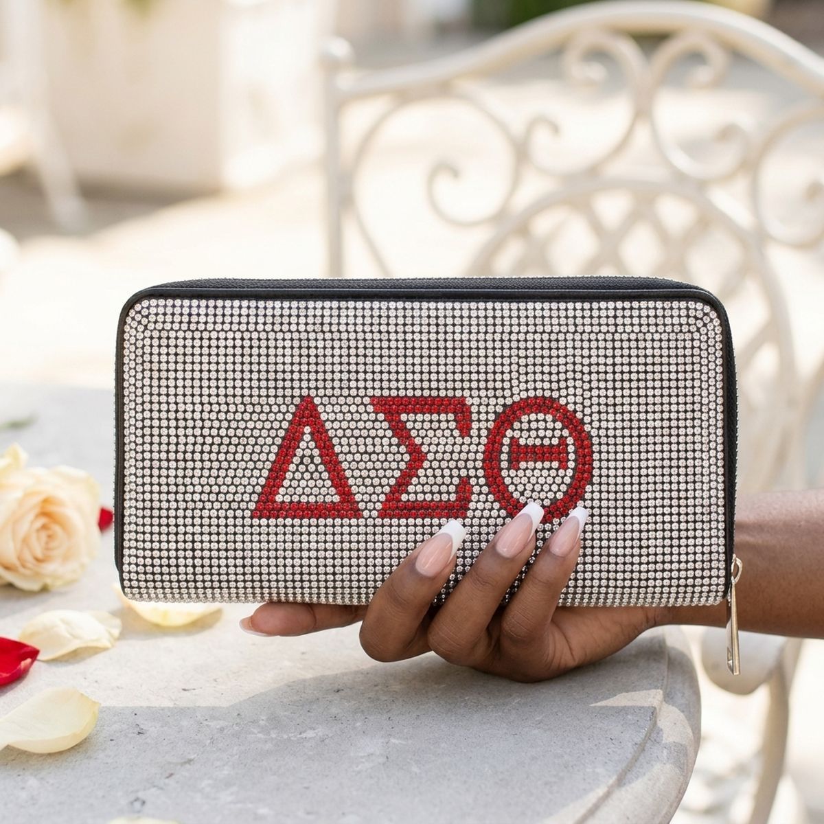 DST Greek Rhinestone Encrusted Zipper Wallet