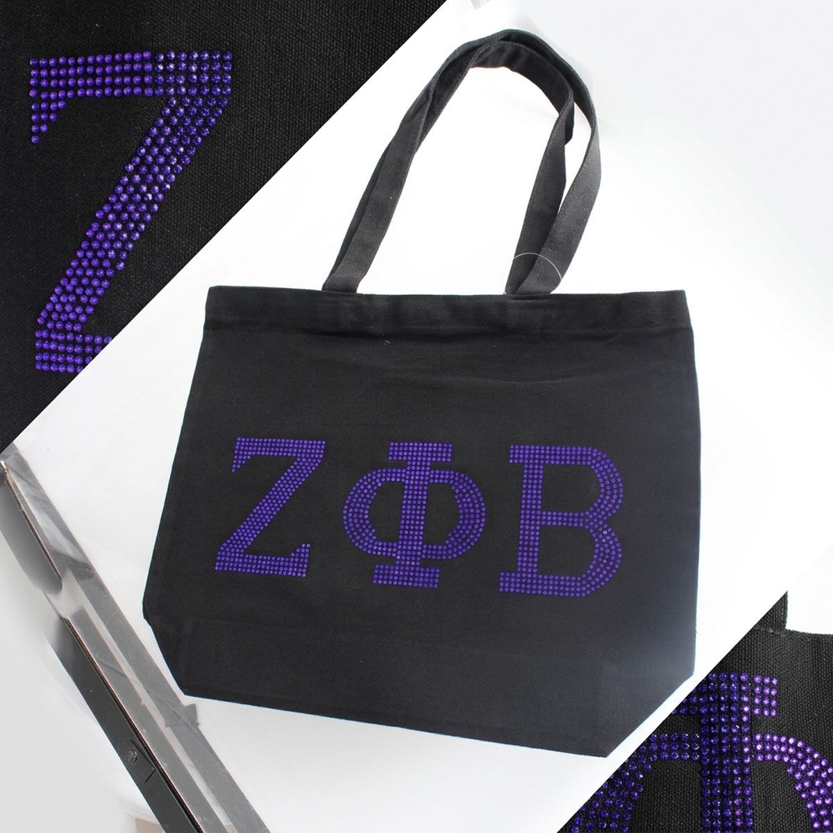 Zeta Phi Beta Rhinestone Black Canvas Tote