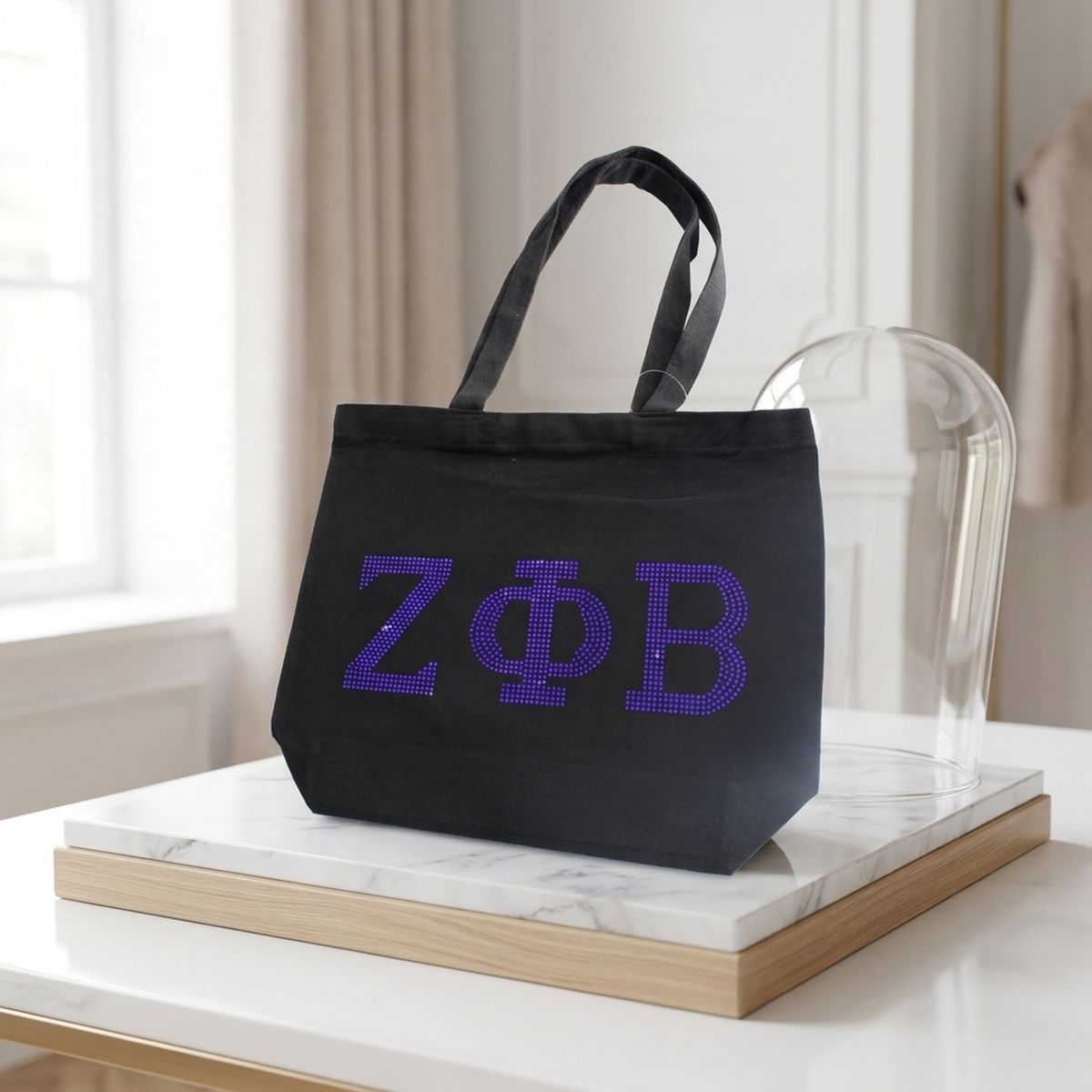 Zeta Phi Beta Rhinestone Black Canvas Tote