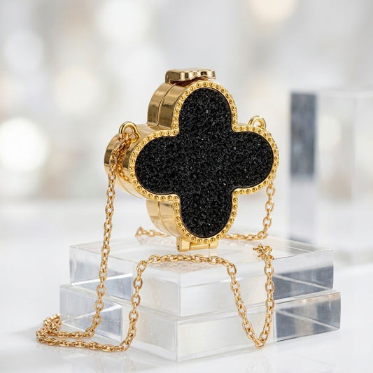 Mini Black Quatrefoil Sparkle Crossbody Compact