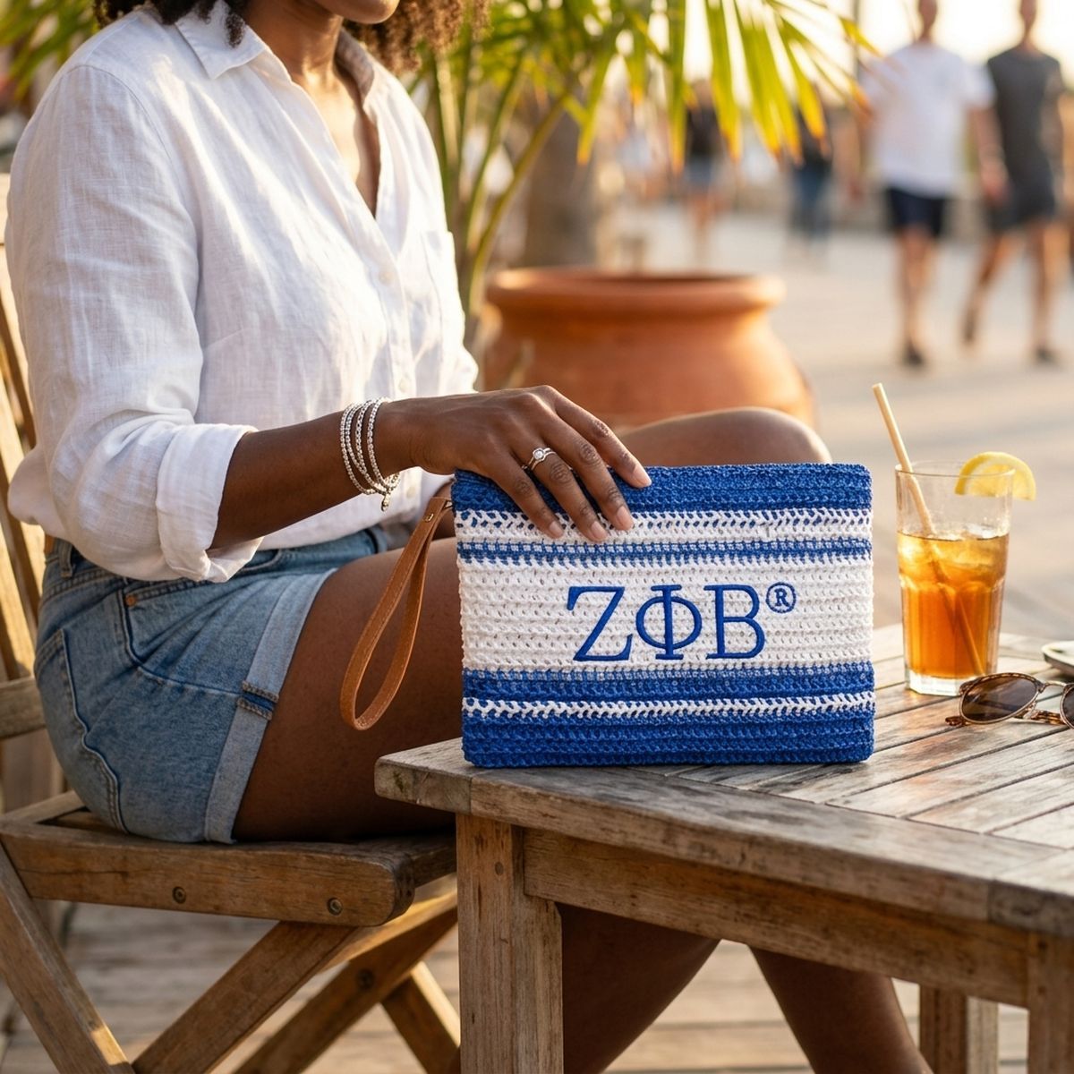 ZPB Faded Blue White Raffia Embroidered Pouch Bag