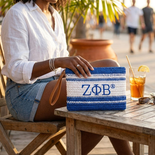 ZPB Faded Blue White Raffia Embroidered Pouch Bag