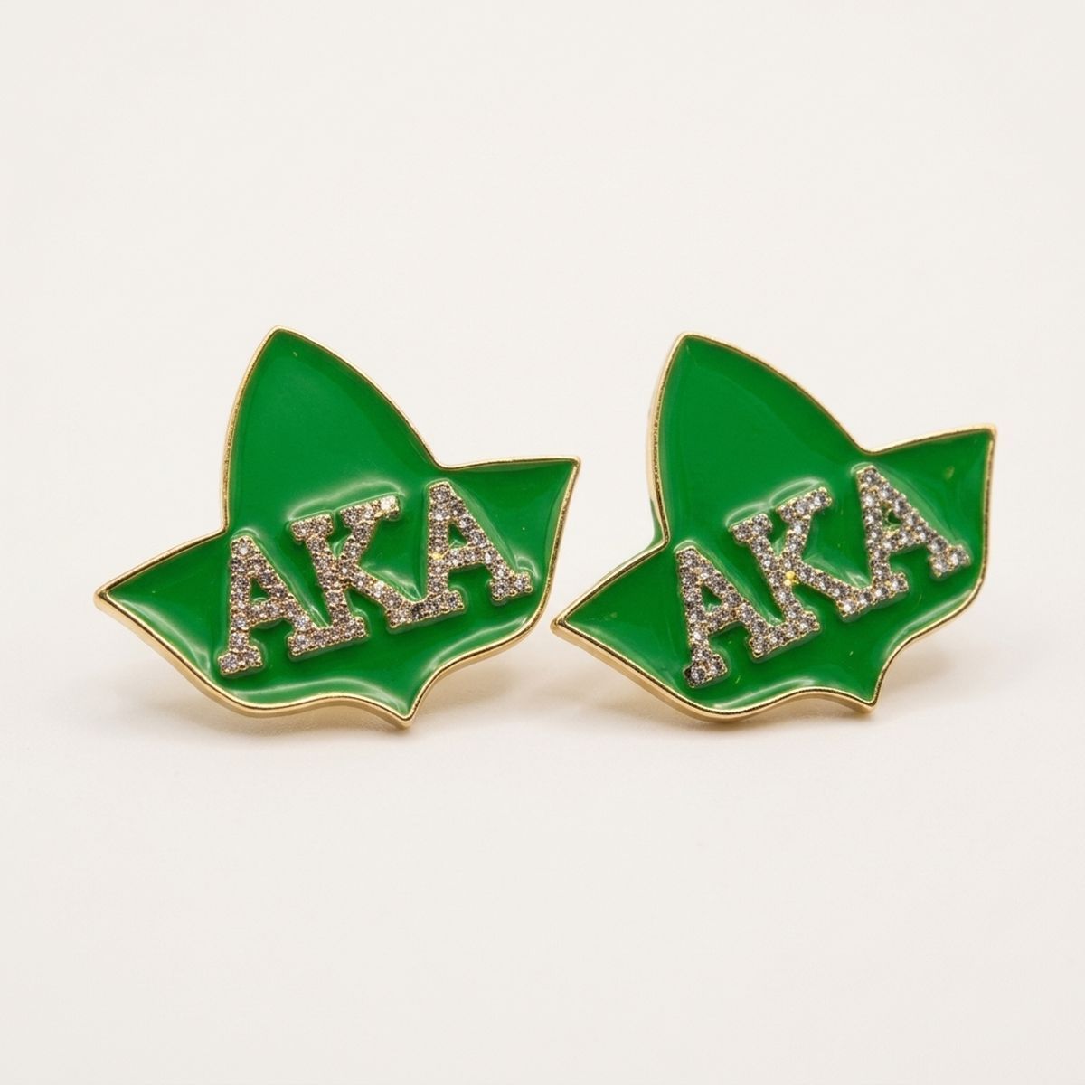 AKA Green Ivy Leaf Rhinestone Gold Stud Earrings