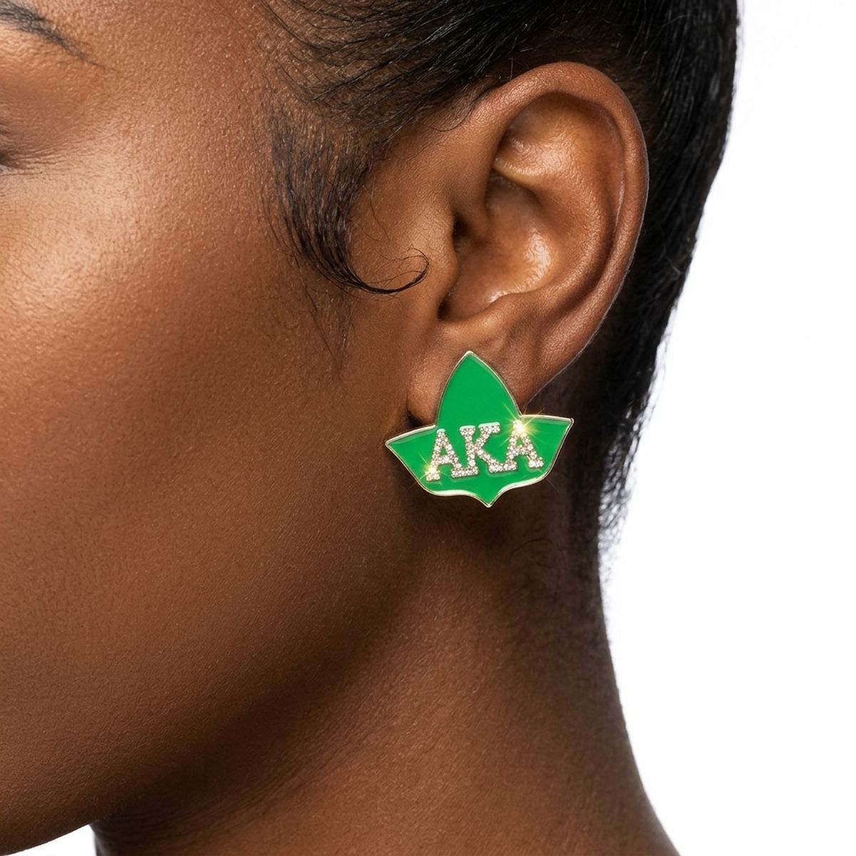 AKA Green Ivy Leaf Rhinestone Gold Stud Earrings