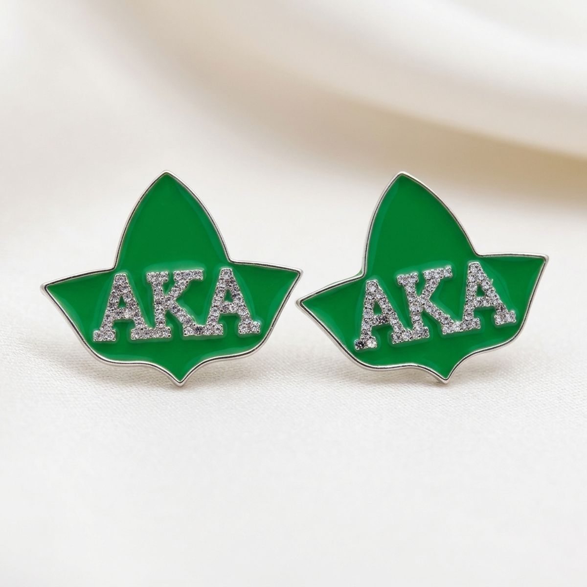 AKA Green Ivy Leaf Rhinestone Silver Stud Earrings