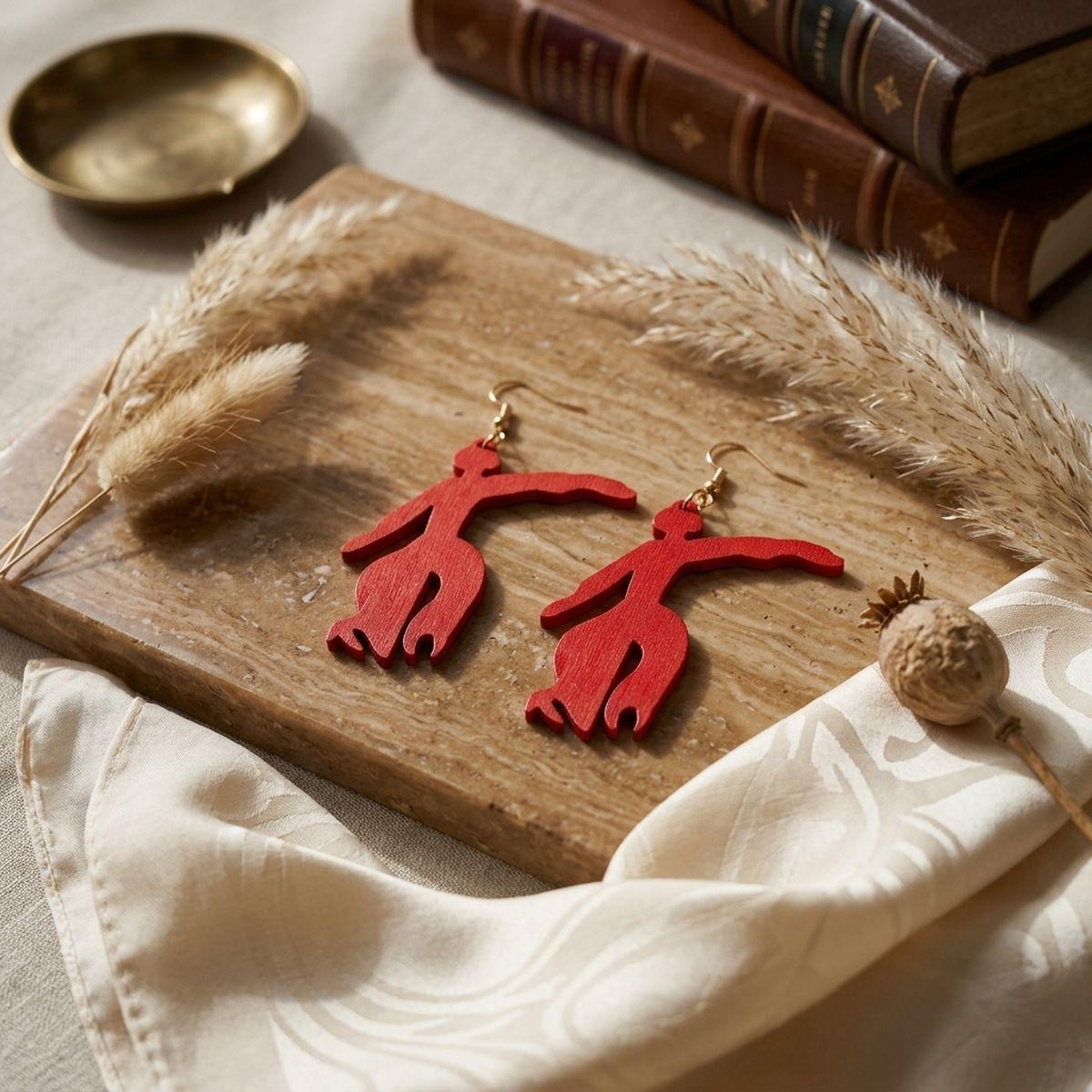 DST Fortitude Statue Red Wood Fish Hook Earrings