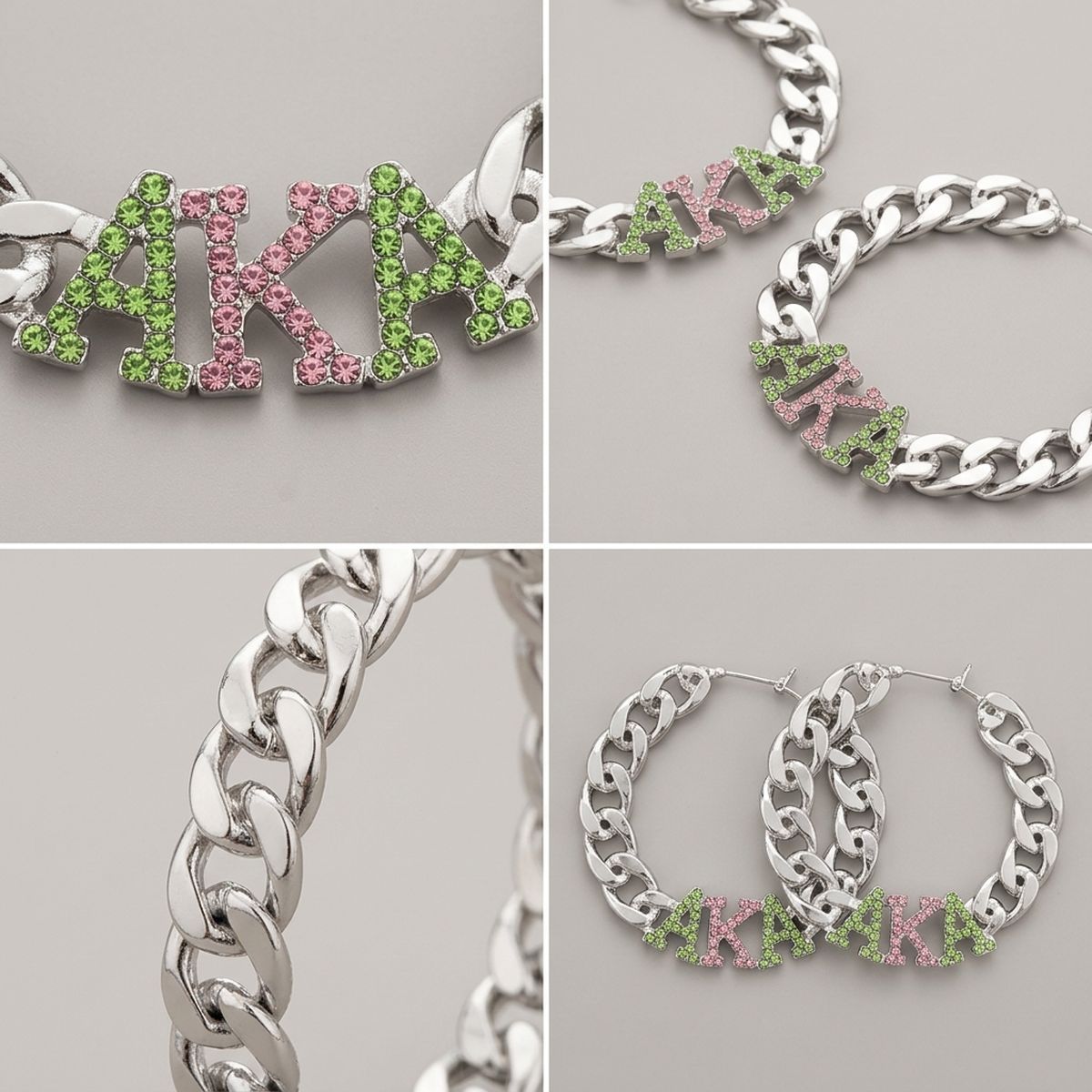 AKA Pink Green Stone Silver Chain Hoop Earrings