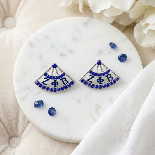 ZPB Sorority Greek Blue Silver Fan Stud Earrings