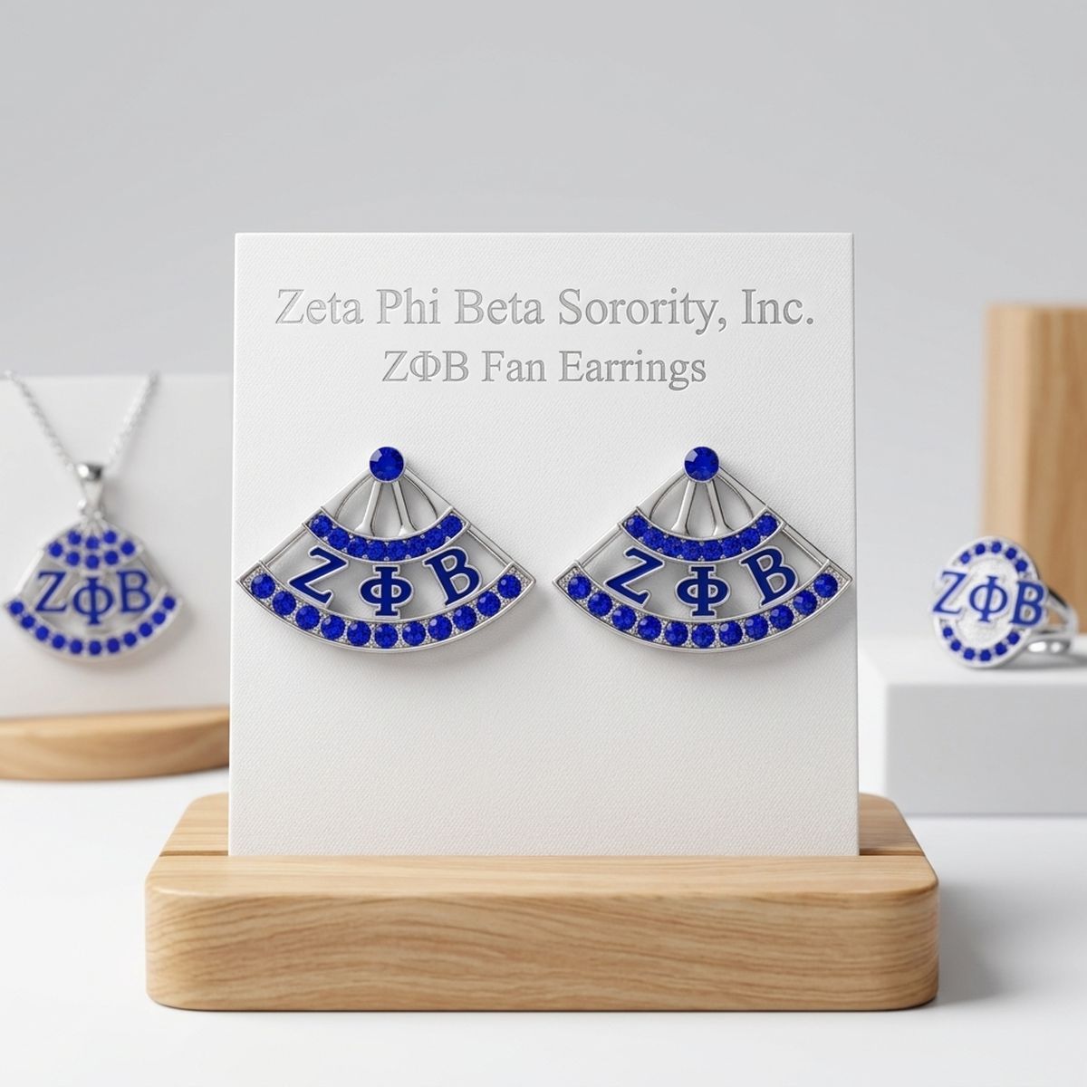 ZPB Sorority Greek Blue Silver Fan Stud Earrings