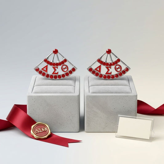 DST Sorority Greek Red Silver Fan Stud Earrings