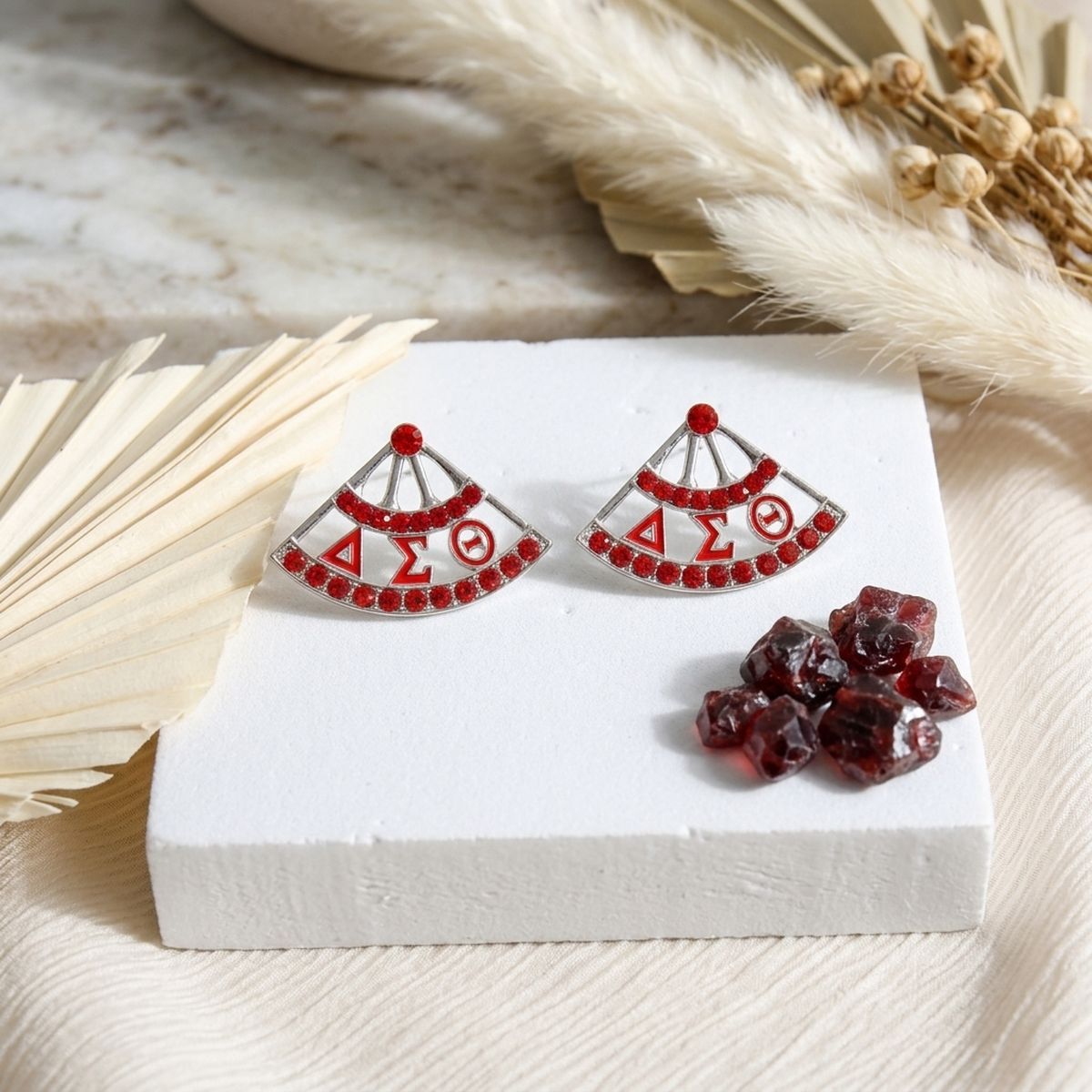 DST Sorority Greek Red Silver Fan Stud Earrings