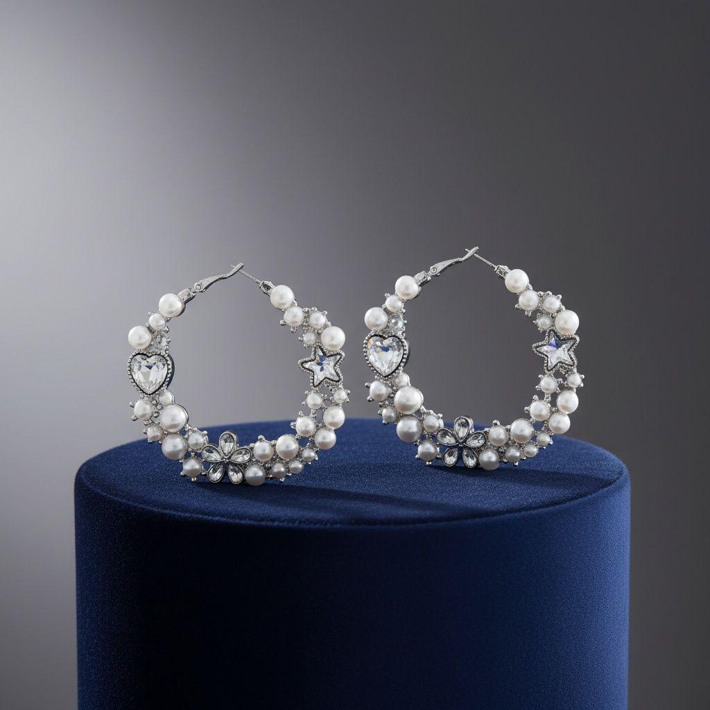 Hoop White Pearl Crystal Heart Star Flower Earrings