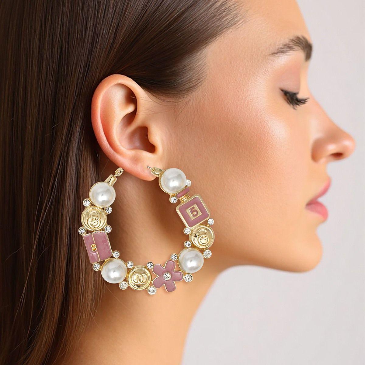 Hoop Uptown Glam Pearl Gold and Pink Earrings