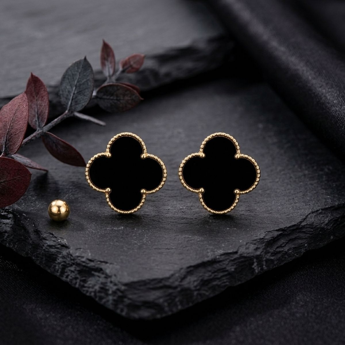 Stud Large Black and Gold Quatrefoil Earrings