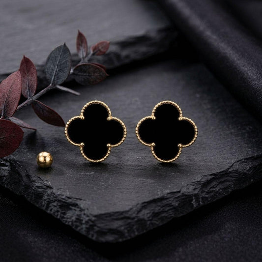 Stud Large Black and Gold Quatrefoil Earrings