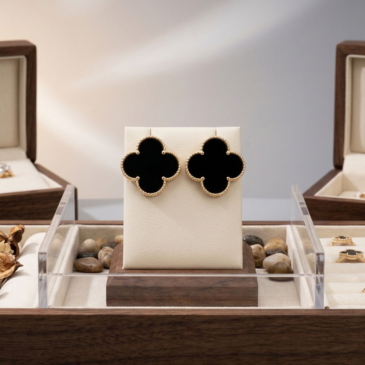 Stud Large Black and Gold Quatrefoil Earrings
