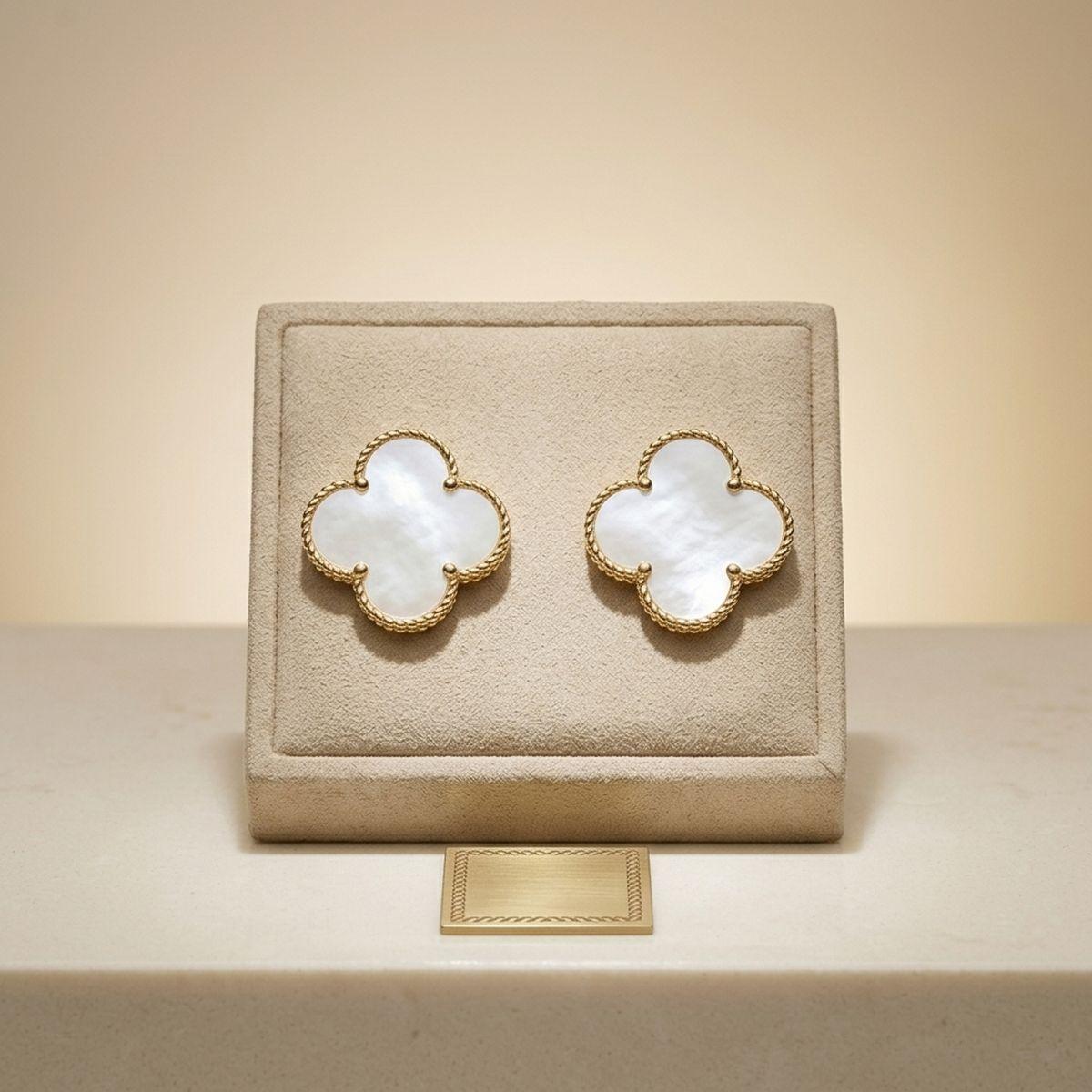 Stud Large Cream and Gold Quatrefoil Earrings