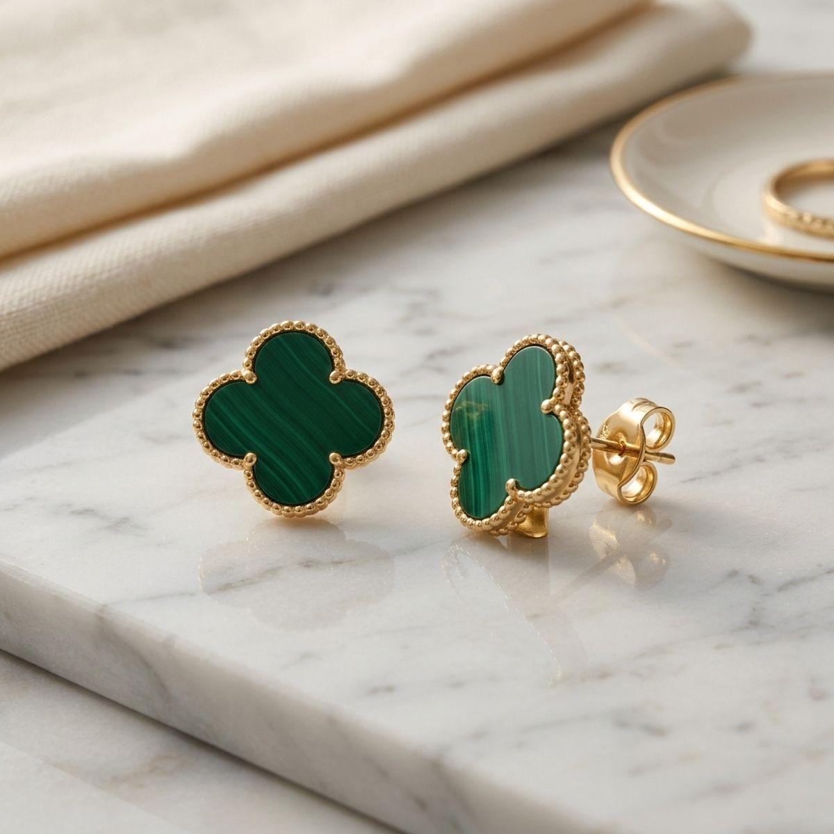 Stud Large Green and Gold Quatrefoil Earrings