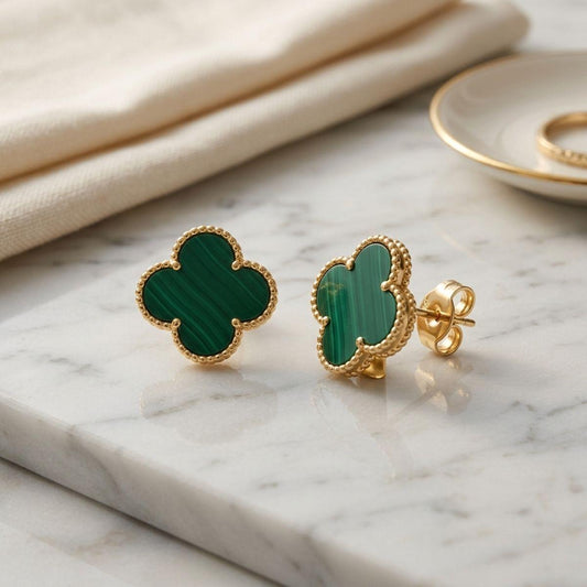 Stud Large Green and Gold Quatrefoil Earrings