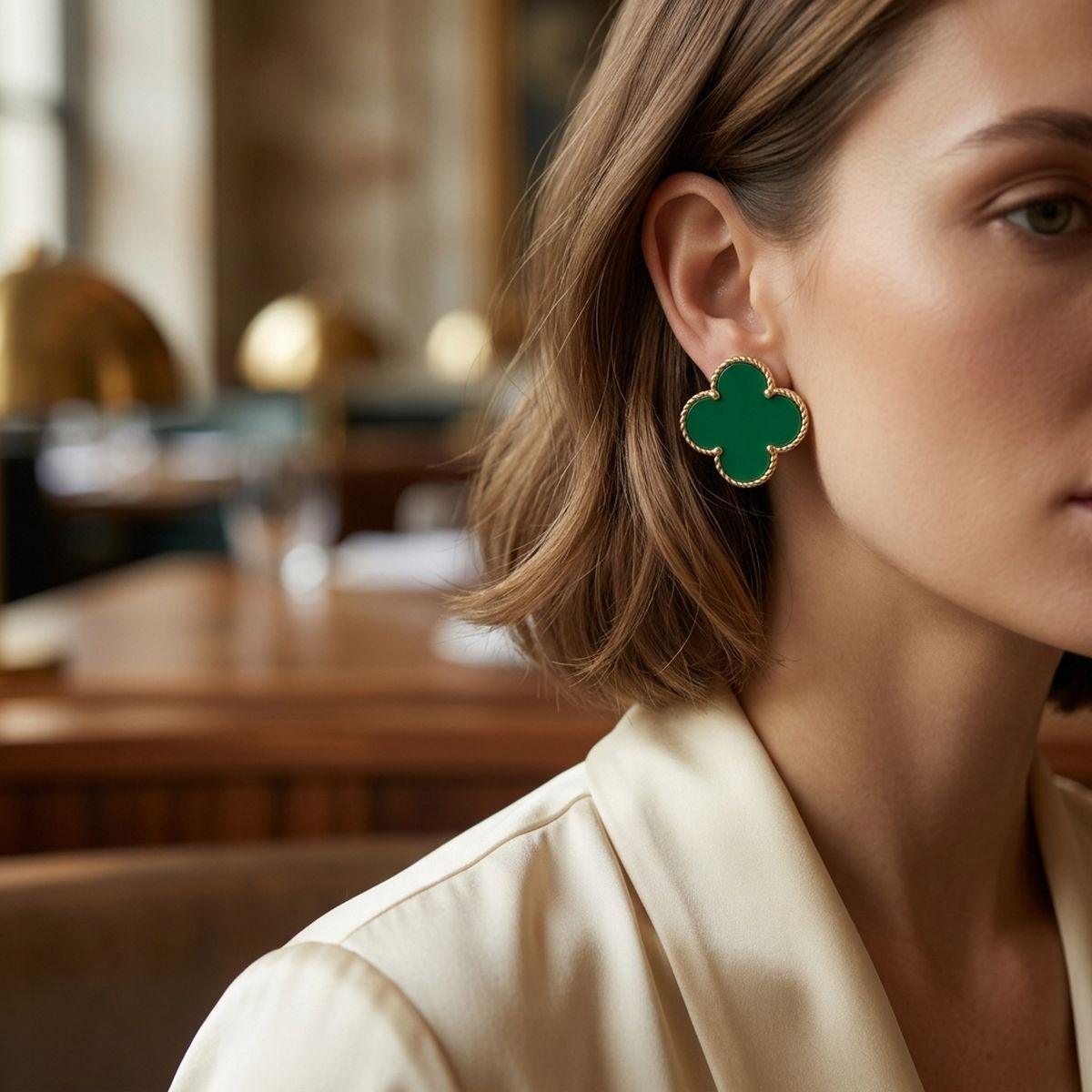 Stud Large Green and Gold Quatrefoil Earrings