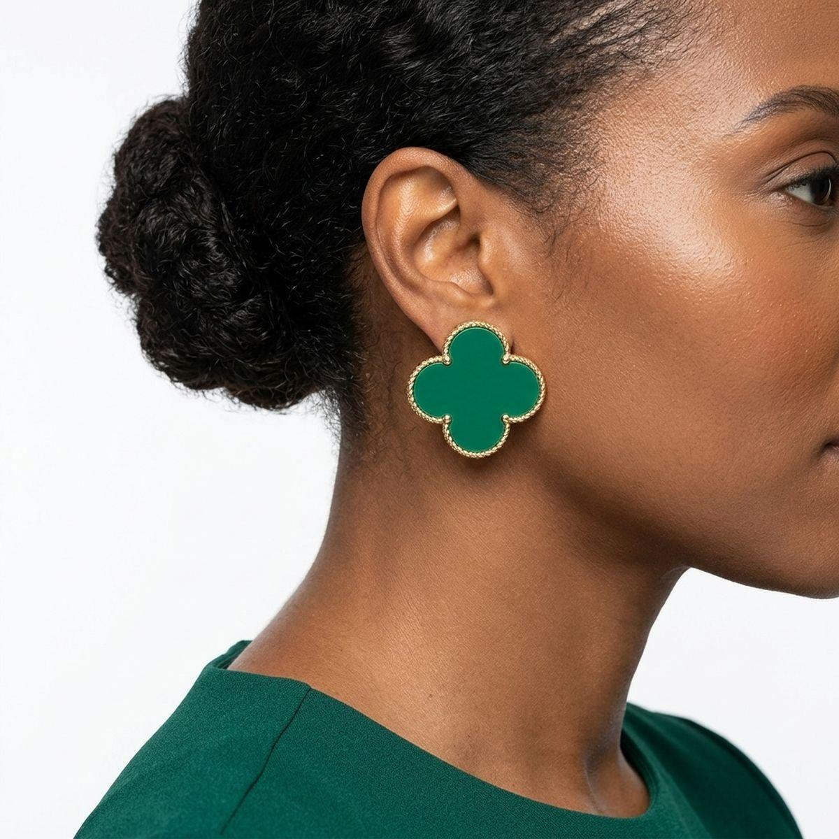 Stud Large Green and Gold Quatrefoil Earrings