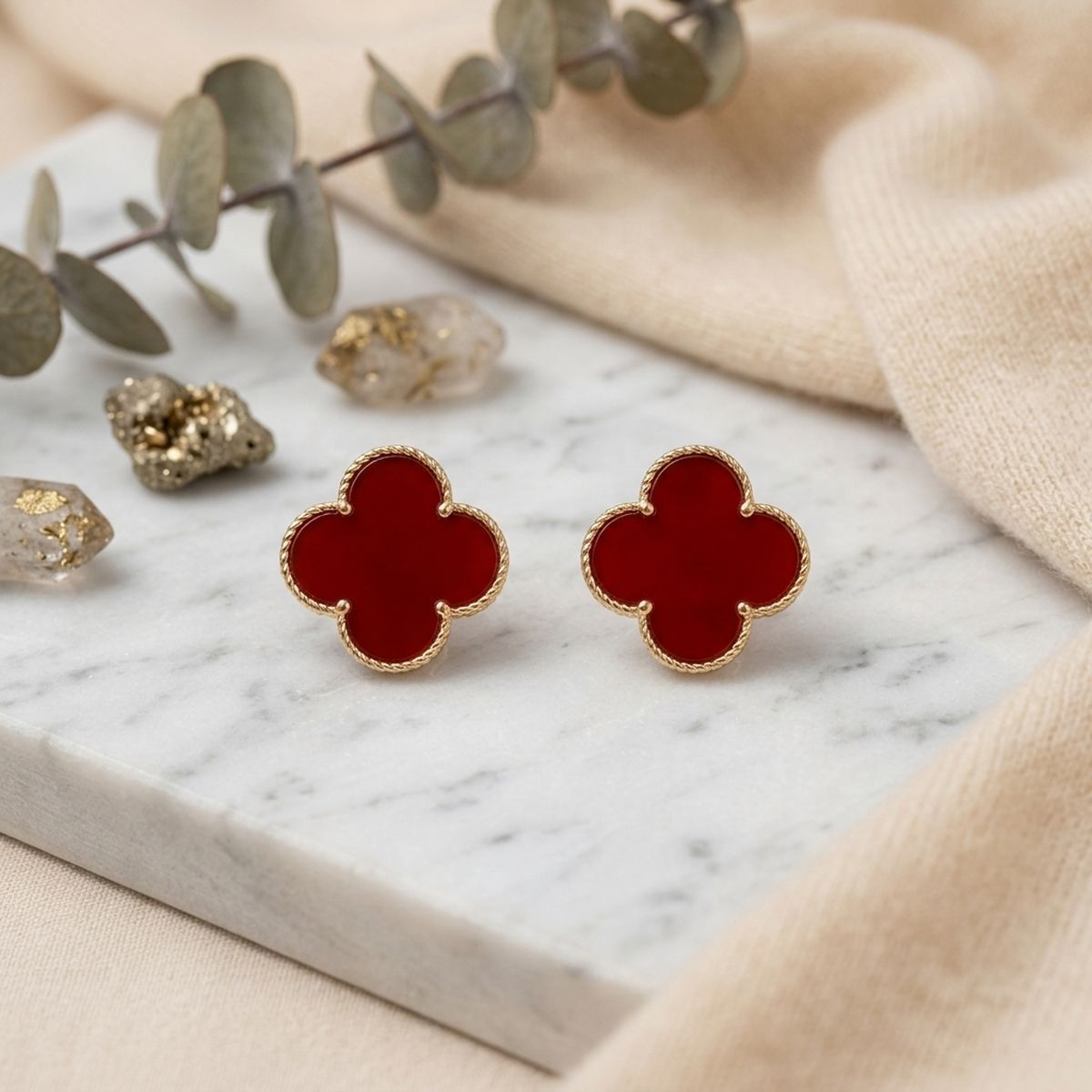 Stud Large Red and Gold Quatrefoil Earrings