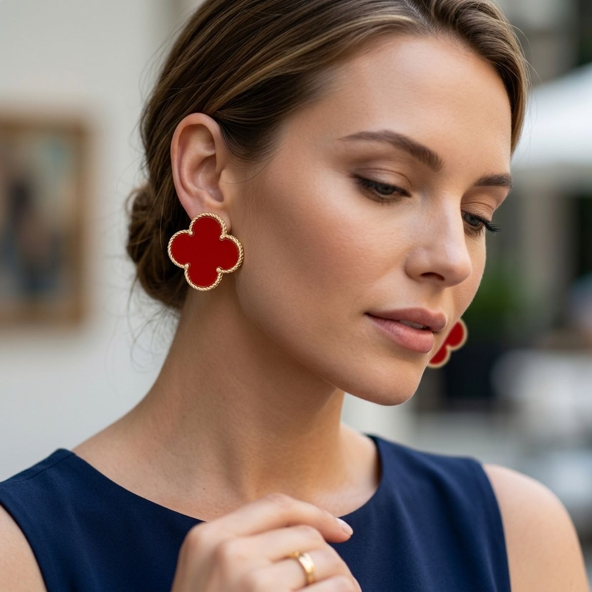 Stud Large Red and Gold Quatrefoil Earrings