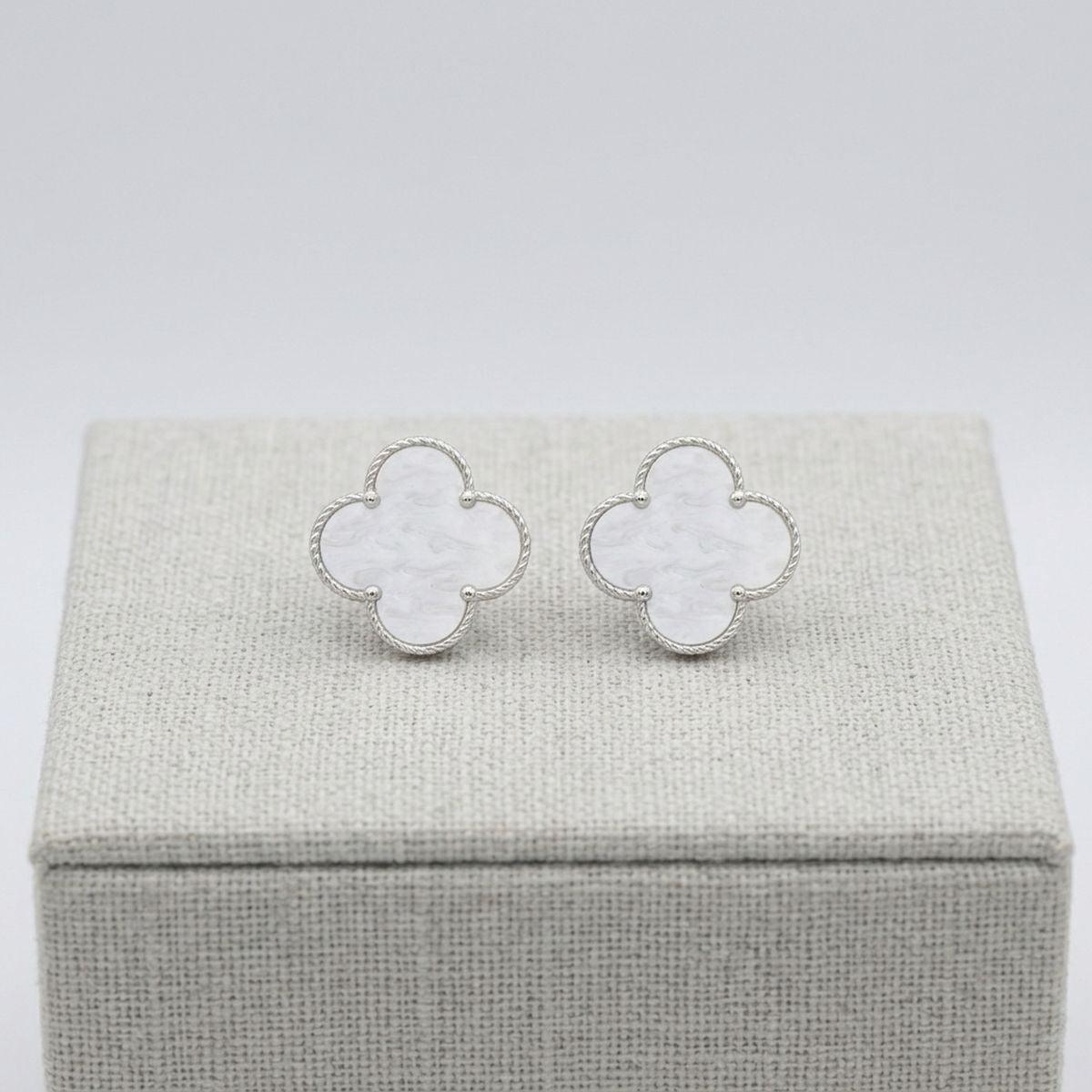 Stud Large White and Silver Quatrefoil Earrings