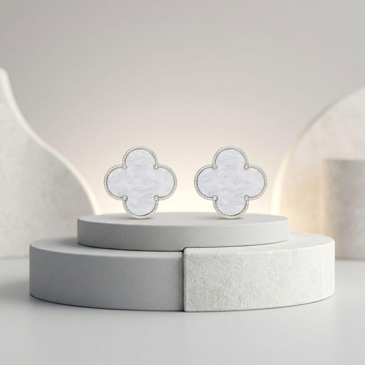 Stud Large White and Silver Quatrefoil Earrings