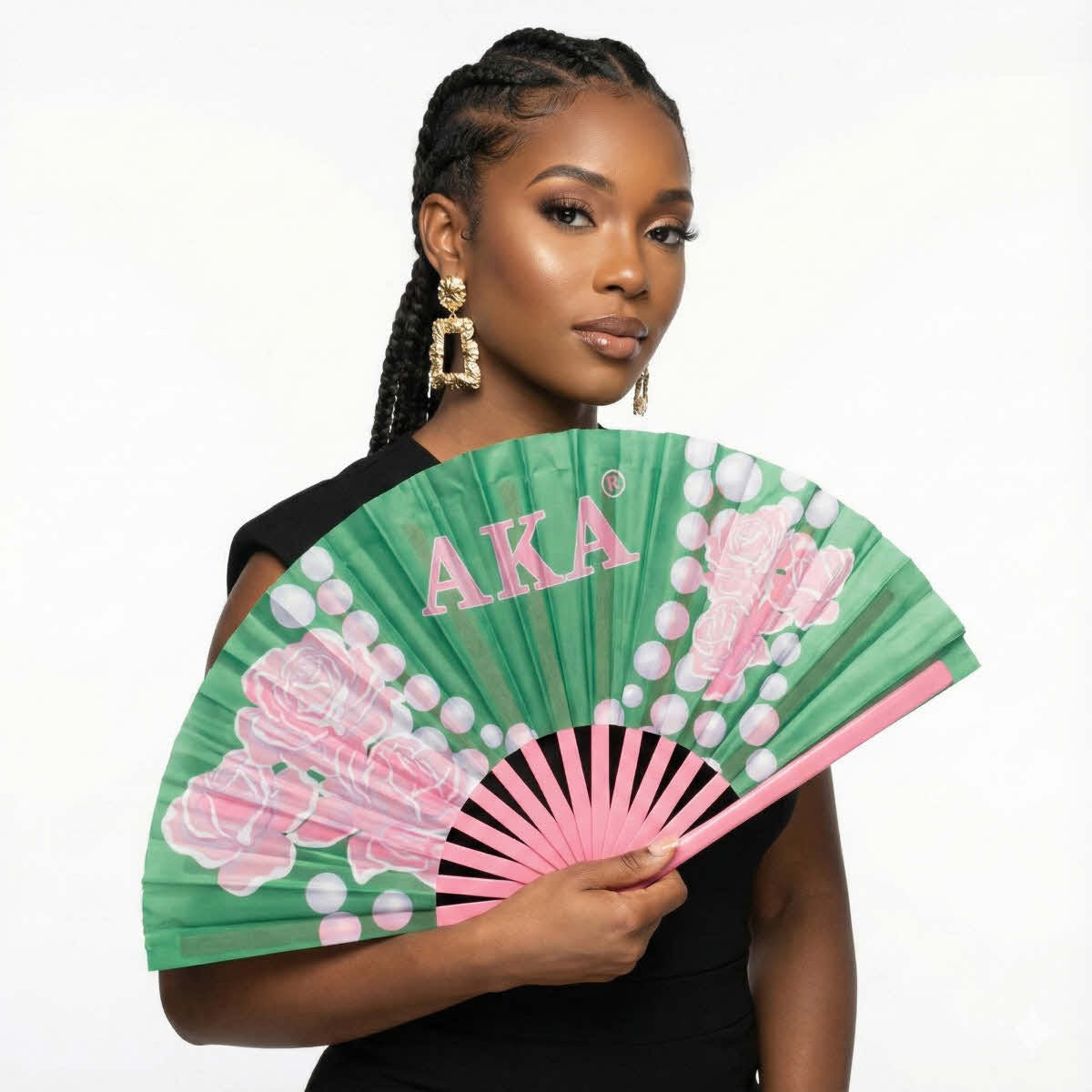 AKA Sorority Large Floral Pearl Print Fabric Fan