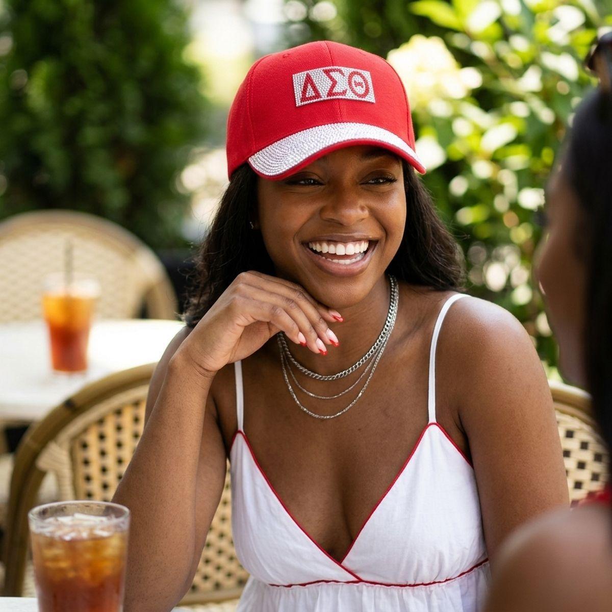 DST Red Canvas Greek Rhinestone Baseball Hat